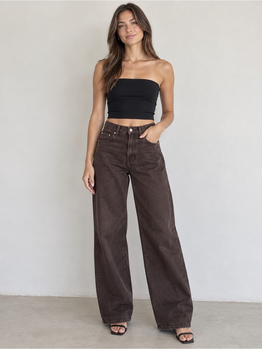 Zara Wide-Leg High-Rise Jeans in Dark Brown